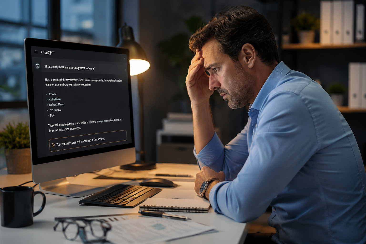 Overwhelmed small business owner at home office staring at Google Ads dashboard while family enjoys the backyard outside the window